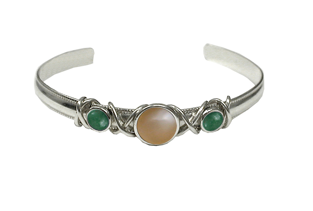 Sterling Silver Hand Made Cuff Bracelet With Peach Moonstone And Jade